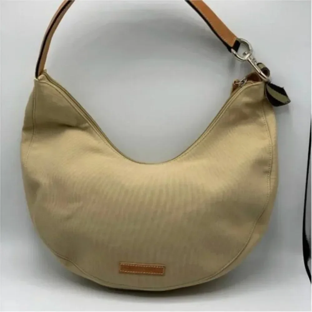 BCBGMAXAZRIA Canvas Bohemian Hobo Tan Bag with Leather Strap